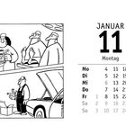 JANUAR 11 Montag. Ärzte mit Motorenteilen im OP. Mechaniker bei Auto mit Herz in der Hand. Comic.