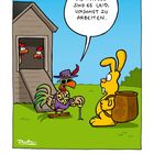 Ein Hahn im Leopardenmantel zu einem Hasen: "Die Mädels sind es leid, umsonst zu arbeiten." Unter ihnen: März-Kalender.