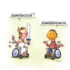 Zwei Figuren in Rollstühlen. Links steht "Behindertengerecht?" und rechts "Behindertenfreundlich."