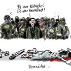 "Es war Notwehr! Sie war bewaffnet!" und "Demnächst...". Illustration: ICE-Agenten und blutiger verletzter Mensch am Boden.