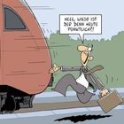 "HEEE, WIESO IST DER DENN HEUTE PÜNKTLICH?!" ruft ein Mann, der einen abfahrenden Zug hinterherläuft. Lustige Illustration.