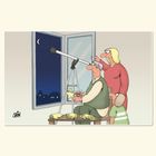 Text: "STEIN". Ein Mann schaut durch ein Teleskop in eine klare Nacht voller Sterne und Papiersterne stapeln sich auf einem Tisch.