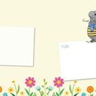 Text links: „VON:“, rechts: „FÜR:“. Zwei Mauszeichnungen, eine schreibt, die andere blickt zu einem Wurm mit Herzen. Unten Blumen.