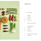 Inhalt: Einleitung, vegan, schnell 20, mittel 54, langsam 80, Rezept-Baukasten 116, vegetarisch, Rezepte nach Themen 220. Links liegen verschiedenes Gemüse auf grünem Hintergrund.