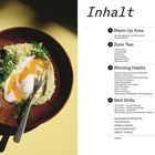 Links Teller mit Avocado, Ei, Kräutern auf gelbem Untergrund; rechts Inhaltsverzeichnis mit Themen und Seitenzahlen.