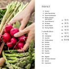 Links eine Gemüsekiste mit Radieschen und Spargel, rechts ein Inhaltsverzeichnis mit Themen und Seitenzahlen.