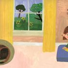 Text: "Setze dich bequem hin. Du kannst deine Hände auf die Beine oder in deinen Schoß legen."  
Illustration: Kind sitzt lächelnd, Hund schläft.