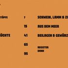 Inhaltsverzeichnis mit Kapiteln zu Eintöpfen, Veggie, Hülsenfrüchte, Geflügel, Rind, Schwein, Lamm, Meer, Beilagen.