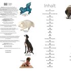 Links: Verschiedene Tierbilder, darunter ein Fuchs und ein Mischlingshund. Rechts: Inhalt mit Themen wie Hunde, Verhalten und Zucht.