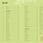 "Inhalt" gefolgt von einer Liste mit Seitenzahlen. Unten: Hinweis zu Grafiken. Grüner Hintergrund mit floralen Verzierungen.