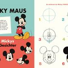 Links: "MICKY MAUS", "Mickys Gesichter". Rechts: Zeichenschritte für Micky Mouse mit Zahlen 1 bis 6.
