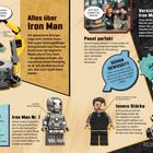 Das Bild zeigt legobasierte Iron Man-Szenen und -Informationen. Texte erklären Iron Mans Rüstung, Verbündete und Feinde.