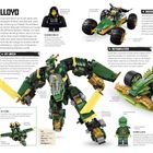 Text: "LLOYD", "MEISTER LLOYD", "GOLDENER LLOYD", "VERSCHMELZUNGS-LLOYD", "KLEINER KNILCH", "JET-MECH", "JET-FORM", "DSCHUNGELRÄUBER", "ACTIONFLITZER", "STEIN-FAKTEN", "STURM-LLOYD". 

Illustrationen verschiedener grüner LEGO-Figuren und Fahrzeuge.