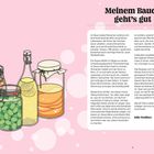„Meinem Bauch geht’s gut“. Illustration von vier Einmachgläsern mit verschiedenen Inhalten auf rosa Hintergrund.