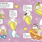 Illustration von Bananya-Katzen in Bananen mit Texten: "Hallo Bananya!", "Hüpfball", "Lecker!", "Schlafenszeit", "Bananya-Box", "Tschuu-Tschuu", "Ahoi!".