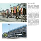Hindenburgbau. Aufnahme von 1939 bei der Reichsgartenschau. Historisches Gebäude mit Fahnen und Autos. Unten modernisiert.