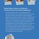 Drei Kreise oben mit Fotos: "Planung & Information", "Inspiration & Erfahrungen", "Sicherheit & Gesundheit". Text über Reisen mit Kindern.qr barcode, Verlag und Preisangaben unten.