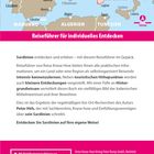 Text: "Reiseführer für individuelles Entdecken." Karte mit Sardinien hervorgehoben. Erwähnt Reiseinformationen und Tipps.