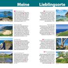 Überschrift: "Meine Lieblingsorte." Bilder von Stränden, Klippen, Küsten und Stadtansichten im Hintergrund.