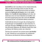 "CityTrip – Stadtführer für individuelles Entdecken. ALICANTE an der Costa Blanca ist ein Urlaubs-Eldorado..."

Kartenausschnitt von Spanien mit Küstenansicht. Sandstrand mit Palmen, Hochhäuser im Hintergrund. Texte informieren über touristische Highlights und Stadtspaziergang. Webseite: www.reise-know-how.de/citytrip/alicante26.