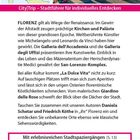 Texte: Florenz, Kirchen und Paläste, Michelangelo, Leonardo da Vinci, Galleria dell'Accademia, Galleria degli Uffizi.

Oben links eine Karte, rechts eine Personengruppe mit Stadtblick. Darunter weiße Schrift auf rosa Hintergrund.