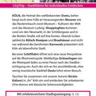 Auf der rechten Seite des Bildes ist die detaillierte Fassade des Kölner Doms zu sehen. Links oben befindet sich eine Landkarte, die Köln markiert. Groß sind verschiedene Erlebnisse und Sehenswürdigkeiten in Köln beschrieben, wie der Dom, Museen, Kneipen und der Karneval.