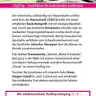 Ein Stadtführer bewirbt Lübeck mit Backsteingotik und Marzipan. Karte oben links, Stadtmodell daneben, Text über Hafen und Autor.