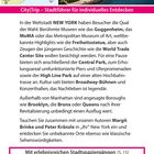 Texte beschreiben New Yorks Museen, Sehenswürdigkeiten und Stadtteile. Oben eine Karte und ein Foto mit Skyline und Brücke.