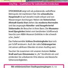 Titel: CityTrip – Stadtführer für individuelles Entdecken. Text beschreibt Stockholm als weltoffene Metropole mit Sehenswürdigkeiten. Links oben eine Karte von Nordeuropa, die Stockholm zeigt. Im Hintergrund eine Stadtansicht mit Wasser und Gebäuden.