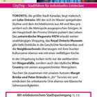 Oben: Karte von Nordamerika mit Toronto hervorgehoben. Rechts: Skyline mit Toronto-Schriftzug am Wasser. Text: Infos über Toronto.