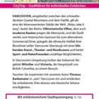 Text: "CityTrip – Stadtführer für individuelles Entdecken. VANCOUVER, eingebettet zwischen... Sehenswürdigkeiten. www.reise-know-how.de/citytrip/vancouver26"

Oben Karte von Nordamerika links, rechts Menschen am Strand.
