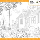 "Johto" und "Finde die Pokémon und male die Szene bunt aus!" Illustration mit Haus, Baum, Schaukel und verschiedenen Figuren.