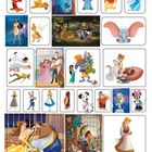 Eine Sammlung von Charakteren aus Disney- und Pixar-Filmen, darunter ein Zauberer mit roten Hosen und eine gelbe Bär, der einen Ballon hält.