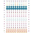 Illustration mit wiederholten Mustern: Blumen, Tiere und farbenfrohe Symbole in Reihen und Spalten.