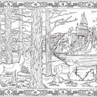 Eine detaillierte Illustration mit zwei Hirschen im Wald und einem Schloss in der Ferne. Verziert mit einem floralen Rahmen.