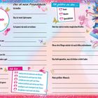 Ein Freundeausbuch mit Feldern zum Ausfüllen und bunten Illustrationen einer Fee mit blauem Outfit und roten Haaren.