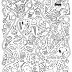 Comic-Illustration mit zwei bekannten Cartoon-Figuren, umringt von Eiscreme, Kuchen und Süßigkeiten in fröhlichem Design.