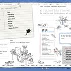 Personalbogen mit Feldern für Name, Geburtsdatum, usw. Checkliste: Ich bin kreativ, intelligent, witzig etc. Illustrationen.