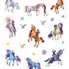 Illustration: Kinder reiten farbenfrohe Einhörner mit Regenbogenmähnen; bunte Symbole und kleine geflügelte Kreaturen umgeben sie.