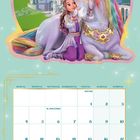 Kalender für Januar. Illustration eines Mädchens mit einem Einhorn vor einem märchenhaften Schloss.
