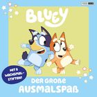 "Bluey. Mit 8 Wachsmalstiften! Der große Ausmalspaß." Zwei fröhliche Hunde in Cartoon-Stil tanzen auf einem farbigen Hintergrund.