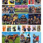 Es gibt viele kleine Illustrationen von Feuerwehrmännern und -frauen in Action, mit Feuerwehrautos und Helikoptern.