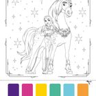 Eine Illustration mit einem Mädchen, das ein Einhorn umarmt, umgeben von Sternen. Darunter bunte Farbfelder.