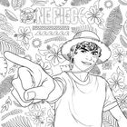 Text "ONE PIECE" in großen Buchstaben, mit Piratenlogo. Jugendlicher mit Strohhut zeigt lächelnd nach vorne. Tropische Blumen.