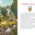 "Rotkäppchen und der Wolf" steht oben. Illustration von Rotkäppchen mit Korb, lächelnder Wolf im Wald, hügelige Landschaft.