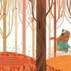 Ein Bär mit Schal und Mütze auf Fahrrad im herbstlichen Wald. Umgeben von Bäumen mit orangefarbenen Blättern.