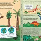 Texte: "Die Dinosaurier kommen!", "Trias – 252 Mio. Jahre", "Jura – 201 Mio. Jahre", "Kreidezeit – 145 Mio. Jahre."

Illustration mit Dinosauriern, Palmen und Pflanzen.