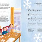 \<Text links\>: Kinder basteln Schneeflocken und reden über Weihnachten. \<Text rechts\>: Lied "Schneeflöckchen, Weißröckchen".