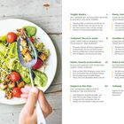 Rechts: Kapitelüberschriften für Rezepte. Links: Teller mit Salat, Tomaten und Tofu-Würfeln. Hand mit Gabel.