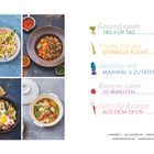 Gesund essen, Tricks für die schnelle Küche, Gerichte mit maximal 6 Zutaten. Vier Fotos von verschiedenen Gerichten.